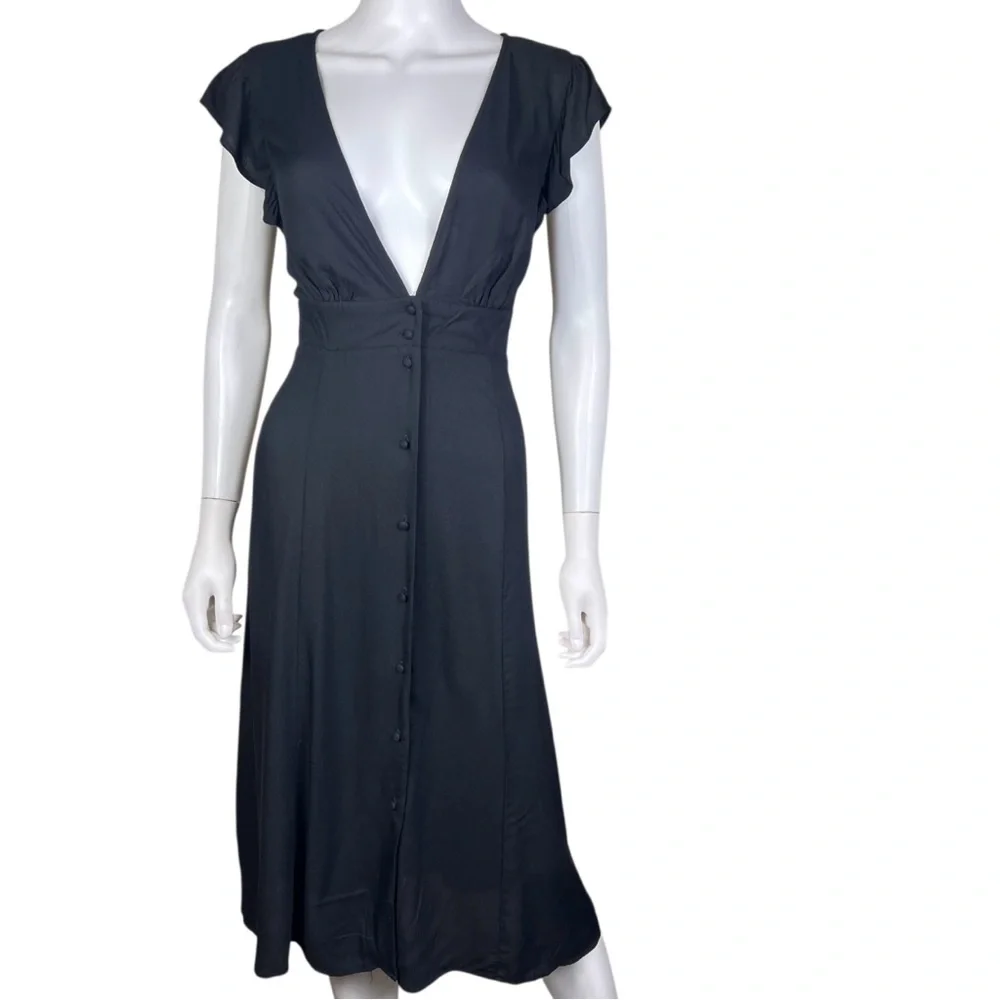 New Forever 21 Contemporary Deep Plunge V-Neck Black Midi Dress - Picture 5 of 10